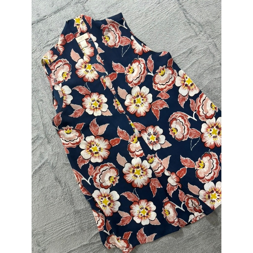 LOFT Floral Sleeveless Blouse Navy Pink Tank Top Lightweight Flowy Sz L‎